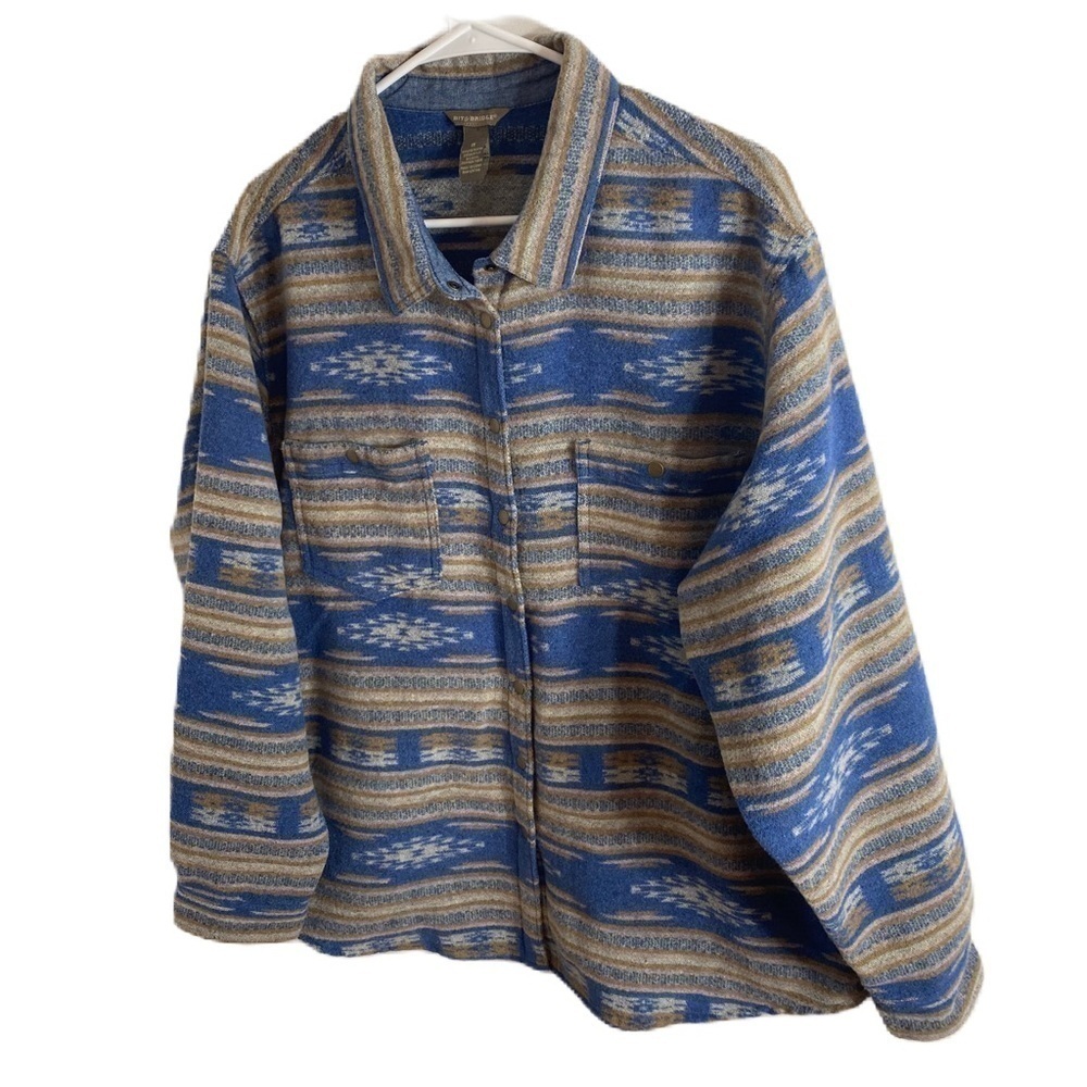 Bit & Bridle Southwestern Aztec Shirt Jacket 1X Blue Tan Women’s Button Down